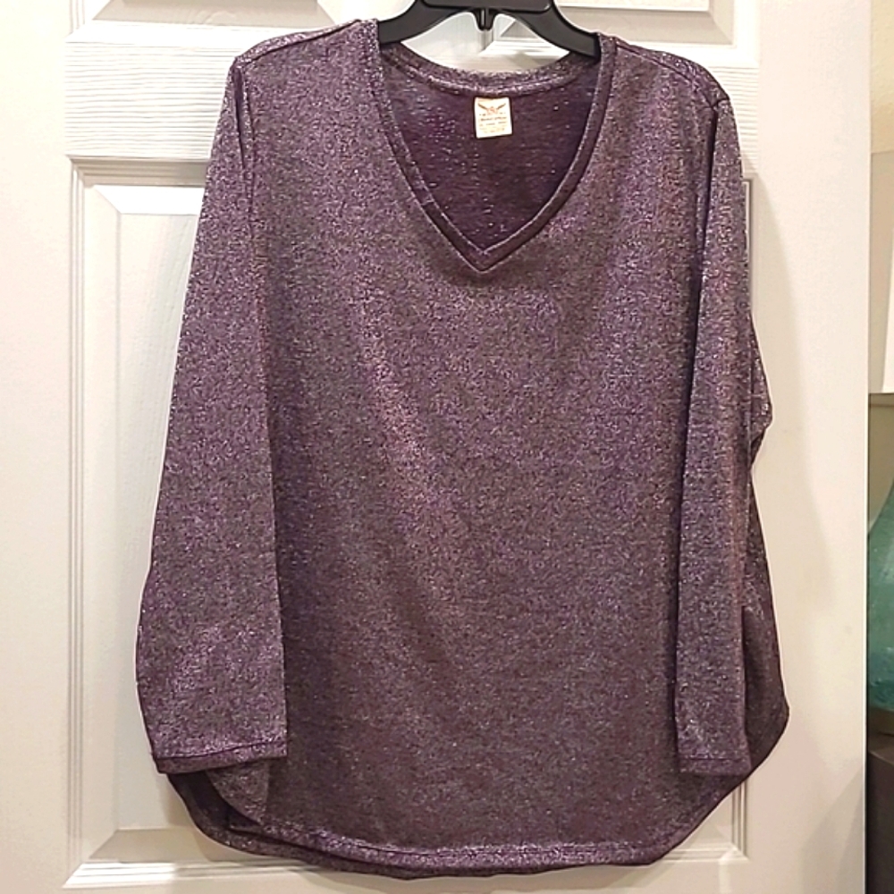 2x purple V-neck longsleeve silver metallic thread Faded Glory